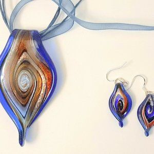 New Blown Glass Swirl Necklace Earring Set Blue Gold Mica Sterling Silver